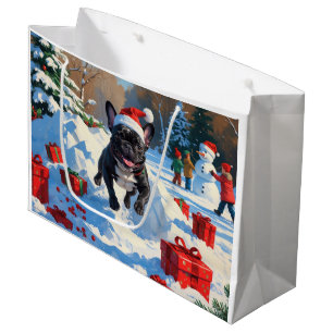 Black French Bulldog Christmas Festive Snow Scene Large Gift Bag