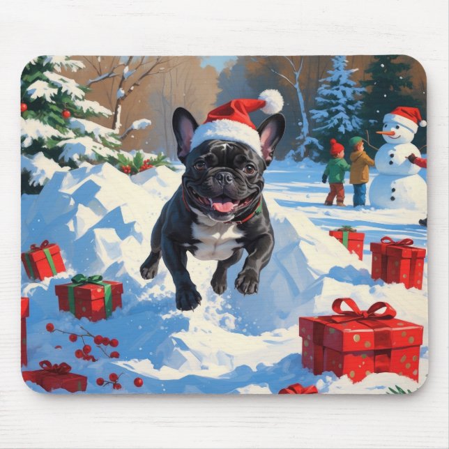 Black French Bulldog Christmas Festive Snow Scene Mouse Mat (Front)