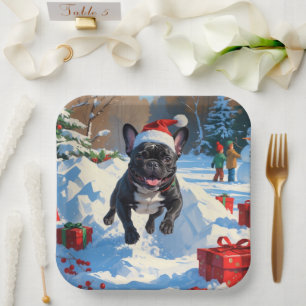 Black French Bulldog Christmas Festive Snow Scene Paper Plate