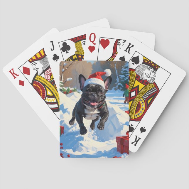 Black French Bulldog Christmas Festive Snow Scene Playing Cards (Back)