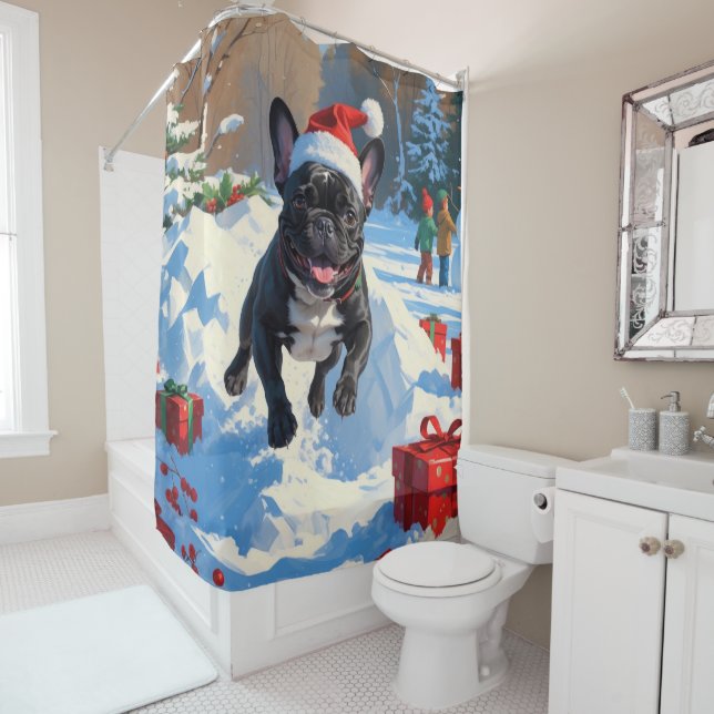 Black French Bulldog Christmas Festive Snow Scene Shower Curtain (In Situ)