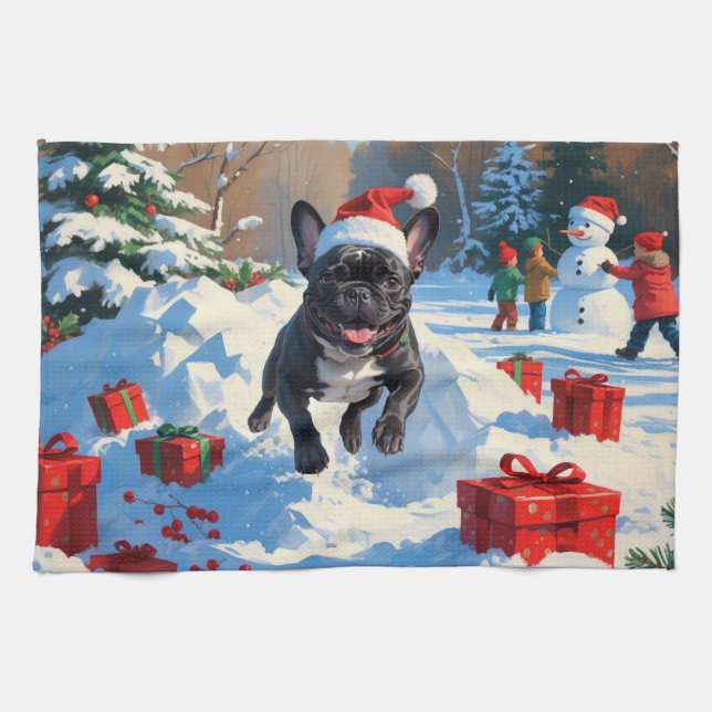 Black French Bulldog Christmas Festive Snow Scene Tea Towel (Horizontal)