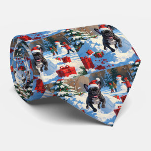 Black French Bulldog Christmas Festive Snow Scene Tie