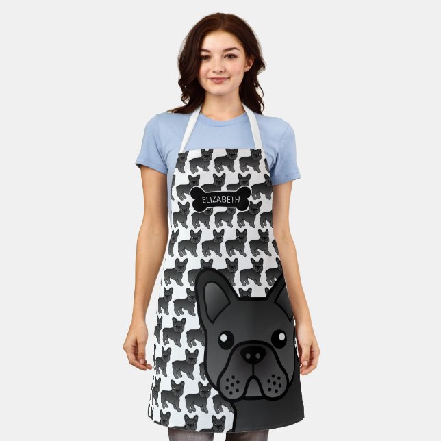 Black French Bulldog Cute Cartoon Dog & Name Apron (Worn)
