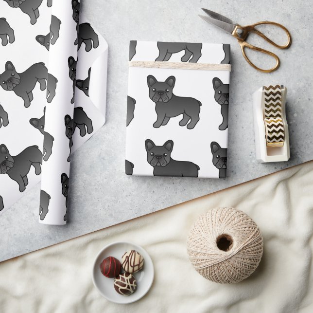 Black French Bulldog Cute Cartoon Dog Pattern Wrapping Paper (Crafts)