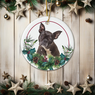 Black French Bulldog Evergreen Berry Wreath Ceramic Tree Decoration