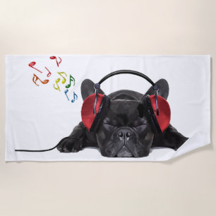 Black French Bulldog Grooving to His Tunes Beach Towel
