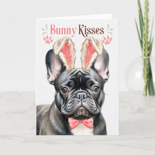 Black French Bulldog in Bunny Ears for Easter Holiday Card