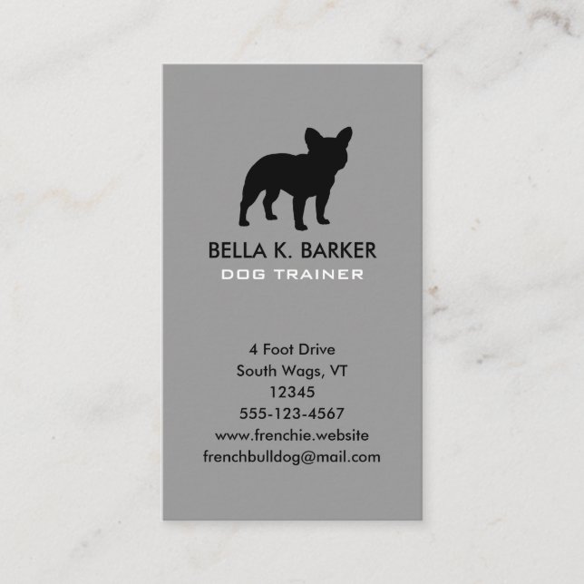 Black French Bulldog Silhouette Vertical Grey Business Card (Front)