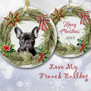 Black French Bulldog Star Bow Wreath Ceramic Tree Decoration
