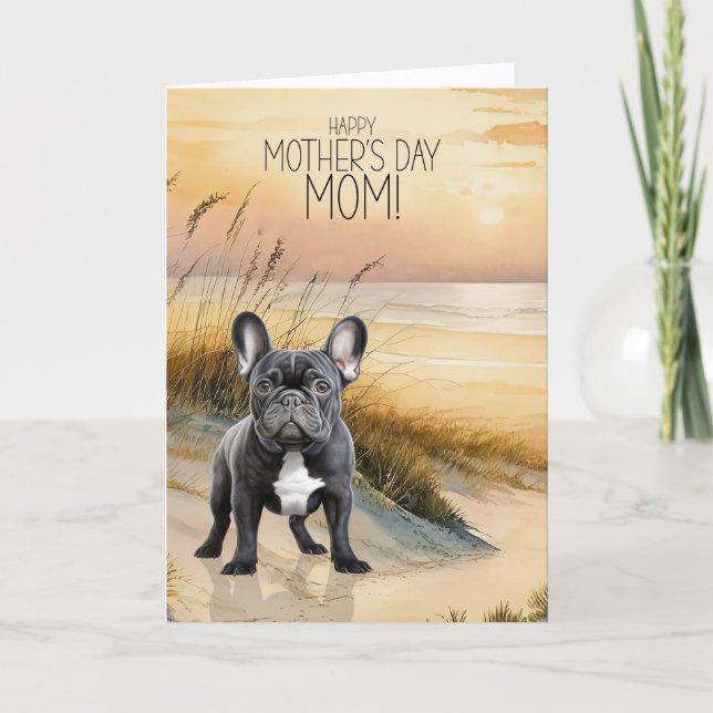 Black French Bulldog Sunset Beach Mother's Day Holiday Card (Front)
