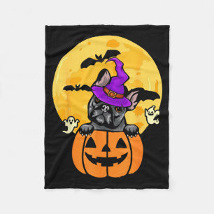 Black French Bulldog Witch Dog Lover Halloween Fleece Blanket