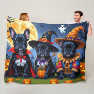 Black French Bulldogs Pumpkin Halloween Funny Fleece Blanket