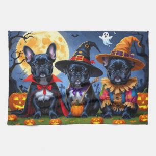 Black French Bulldogs Pumpkin Halloween Funny Tea Towel