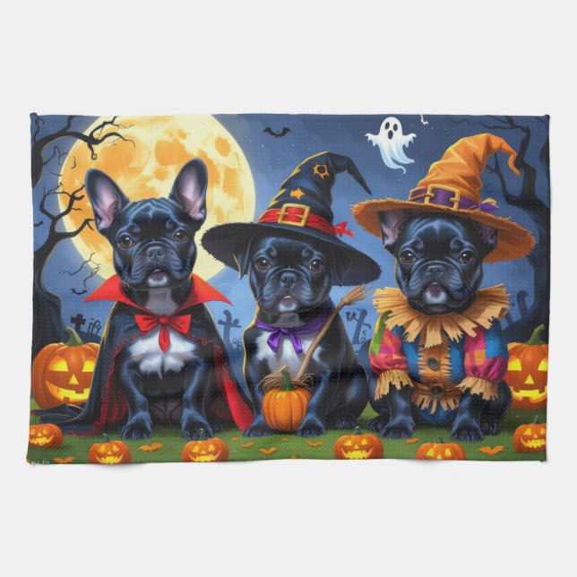 Black French Bulldogs Pumpkin Halloween Funny Tea Towel (Horizontal)