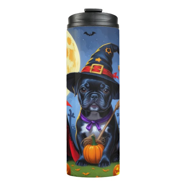 Black French Bulldogs Pumpkin Halloween Funny Thermal Tumbler (Front)