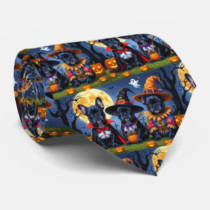 Black French Bulldogs Pumpkin Halloween Funny Tie