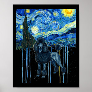 Black french poodle starry night style watercolor poster