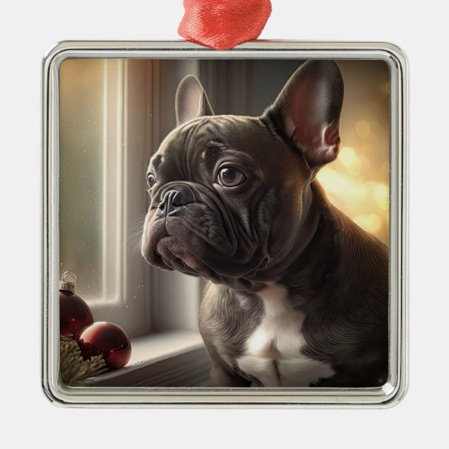 Black Frenchie Christmas Metal Tree Decoration (Front)