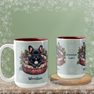 Black Frenchie, in Holiday Bed, Snowflake Backdrop Two-Tone Coffee Mug