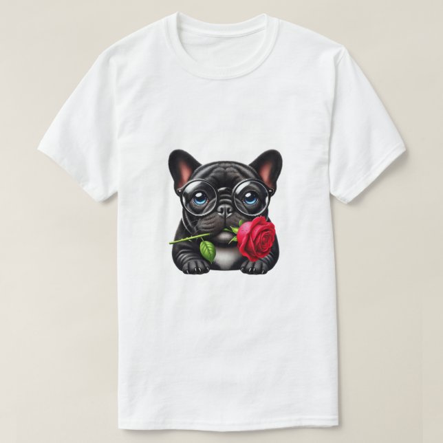 Black Frenchie red rose T-Shirt (Design Front)
