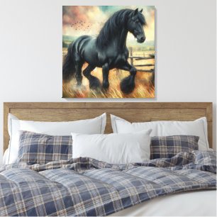 Black Fresian Horse Pasture Rustic Fence Canvas Print