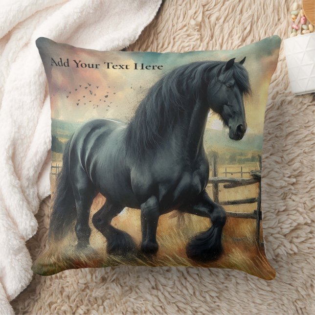 Black Fresian Horse Pasture Rustic Fence Cushion (Blanket)