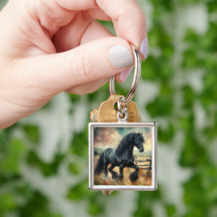 Black Fresian Horse Pasture Rustic Fence Key Ring