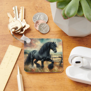 Black Fresian Horse Pasture Rustic Fence Key Ring