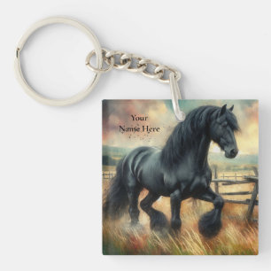 Black Fresian Horse Pasture Rustic Fence Key Ring