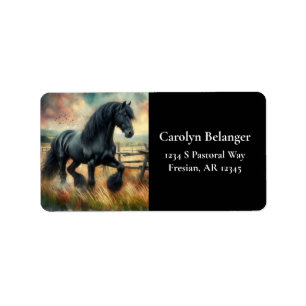 Black Fresian Horse Pasture Rustic Fence Label