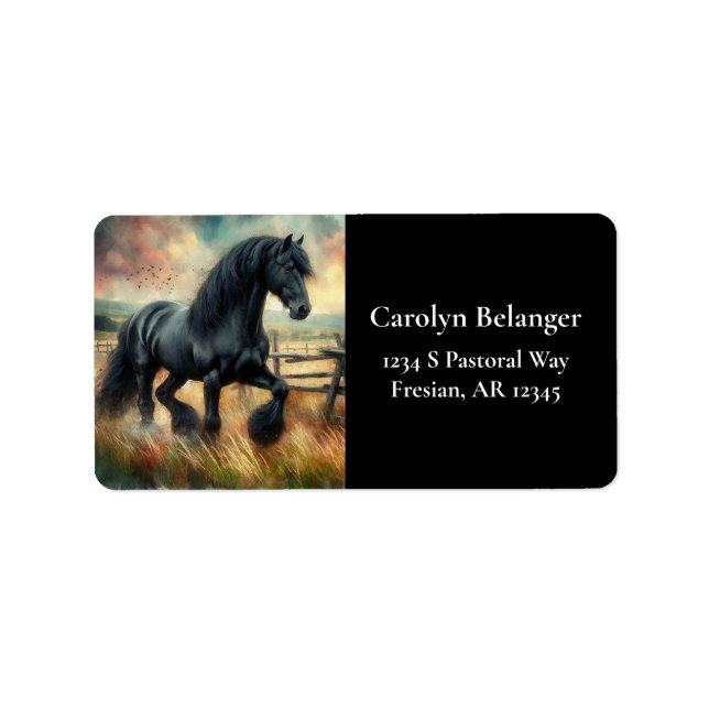 Black Fresian Horse Pasture Rustic Fence Label (Front)