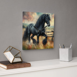Black Fresian Horse Pasture Rustic Fence Square Wall Clock