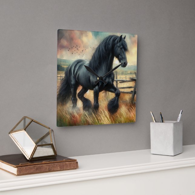 Black Fresian Horse Pasture Rustic Fence Square Wall Clock (Office)