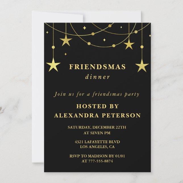 Black Friendsmas invitations Gold Stars (Front)