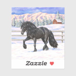 Black Friesian Draught Horse In Snow