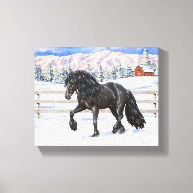 Black Friesian Draught Horse In Snow Canvas Print (Front)
