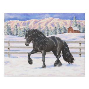 Black Friesian Draught Horse In Snow Faux Canvas Print