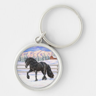 Black Friesian Draught Horse In Snow Key Ring