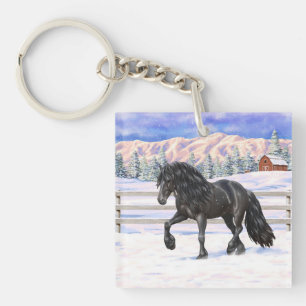Black Friesian Draught Horse In Snow Key Ring