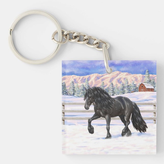 Black Friesian Draught Horse In Snow Key Ring (Front)