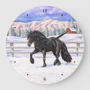 Black Friesian Draught Horse In Snow Large Clock