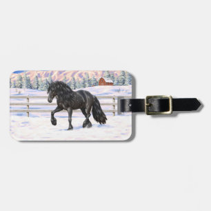 Black Friesian Draught Horse In Snow Luggage Tag