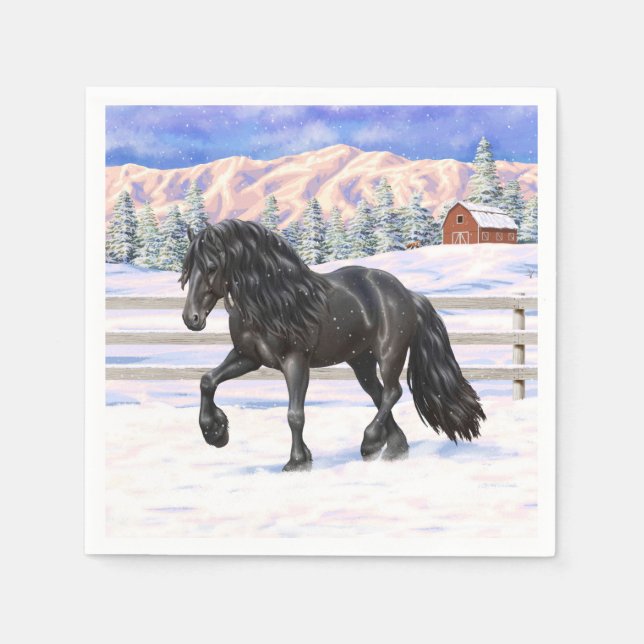 Black Friesian Draught Horse In Snow Napkin (Front)