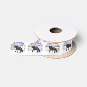 Black Friesian Draught Horse In Snow Satin Ribbon