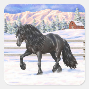 Black Friesian Draught Horse In Snow Square Sticker