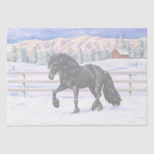Black Friesian Draught Horse In Snow Tissue Paper