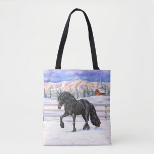Black Friesian Draught Horse In Snow Tote Bag