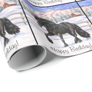Black Friesian Draught Horse In Snow Wrapping Paper