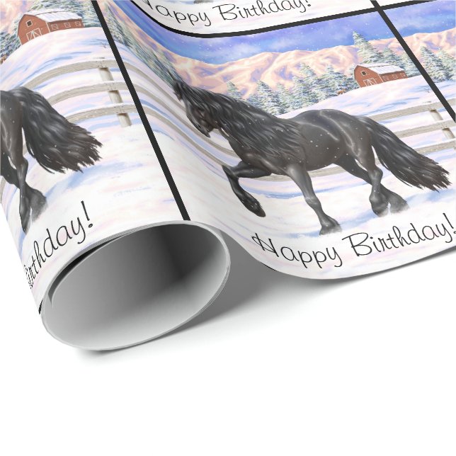 Black Friesian Draught Horse In Snow Wrapping Paper (Roll Corner)